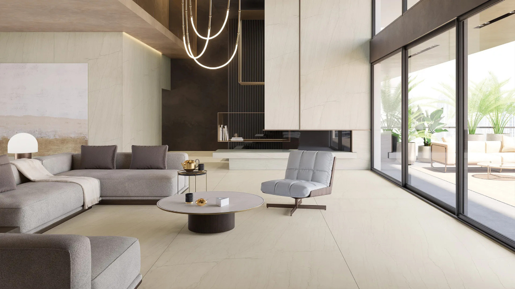Spacious lounge featuring White Macaubas Porcelain Slabs with elegant gray seating and lighting.