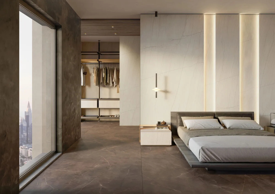Contemporary master suite featuring White Macaubas Porcelain Slabs and minimalist design elements.