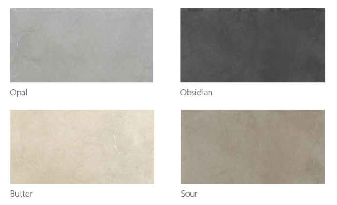 Aldridge limestone look porcelain tile color swatches showing Opal, Obsidian, Butter, and Sour variations