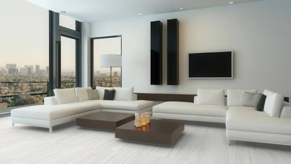 Modern living room with Lustre Marble Look Porcelain Tile flooring and skyline view.