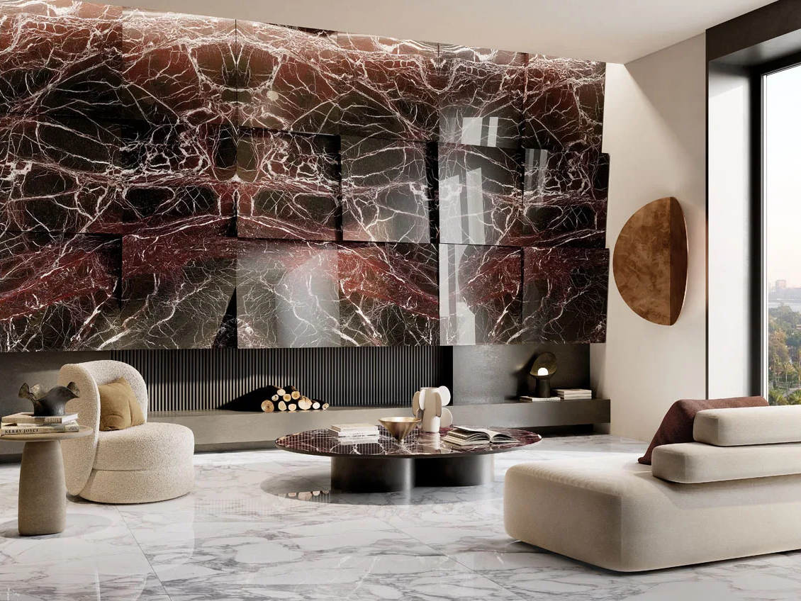 Modern living space featuring Rosso Domus porcelain slabs with bold red marble veining.