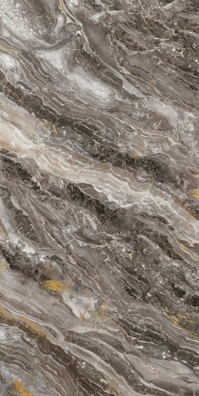 Orobico Luxe porcelain slabs displaying natural polychrome marble pattern with golden highlights.