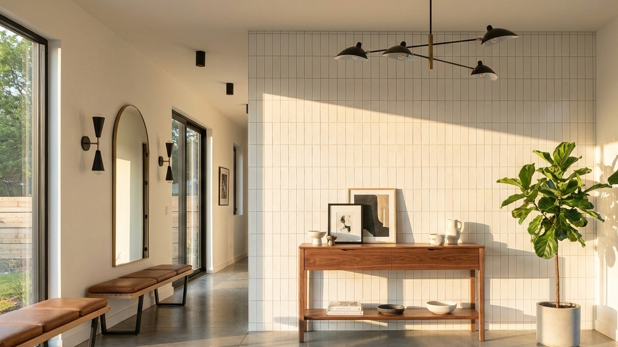 Modern entryway with white porcelain slabs on wall, wooden console table, and plant.