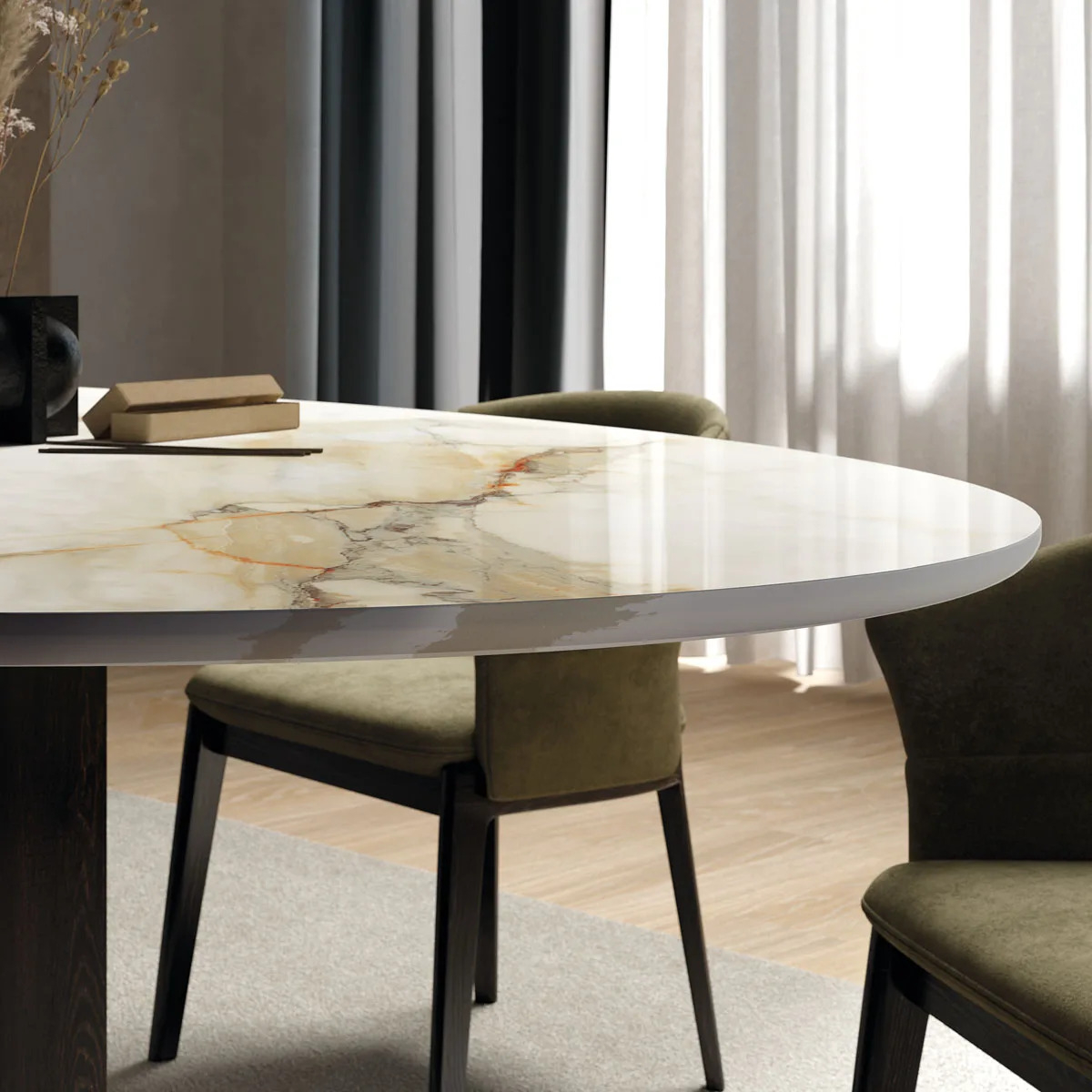 Elegant Calacatta Hermitage porcelain slabs tabletop with golden veins in modern dining room.