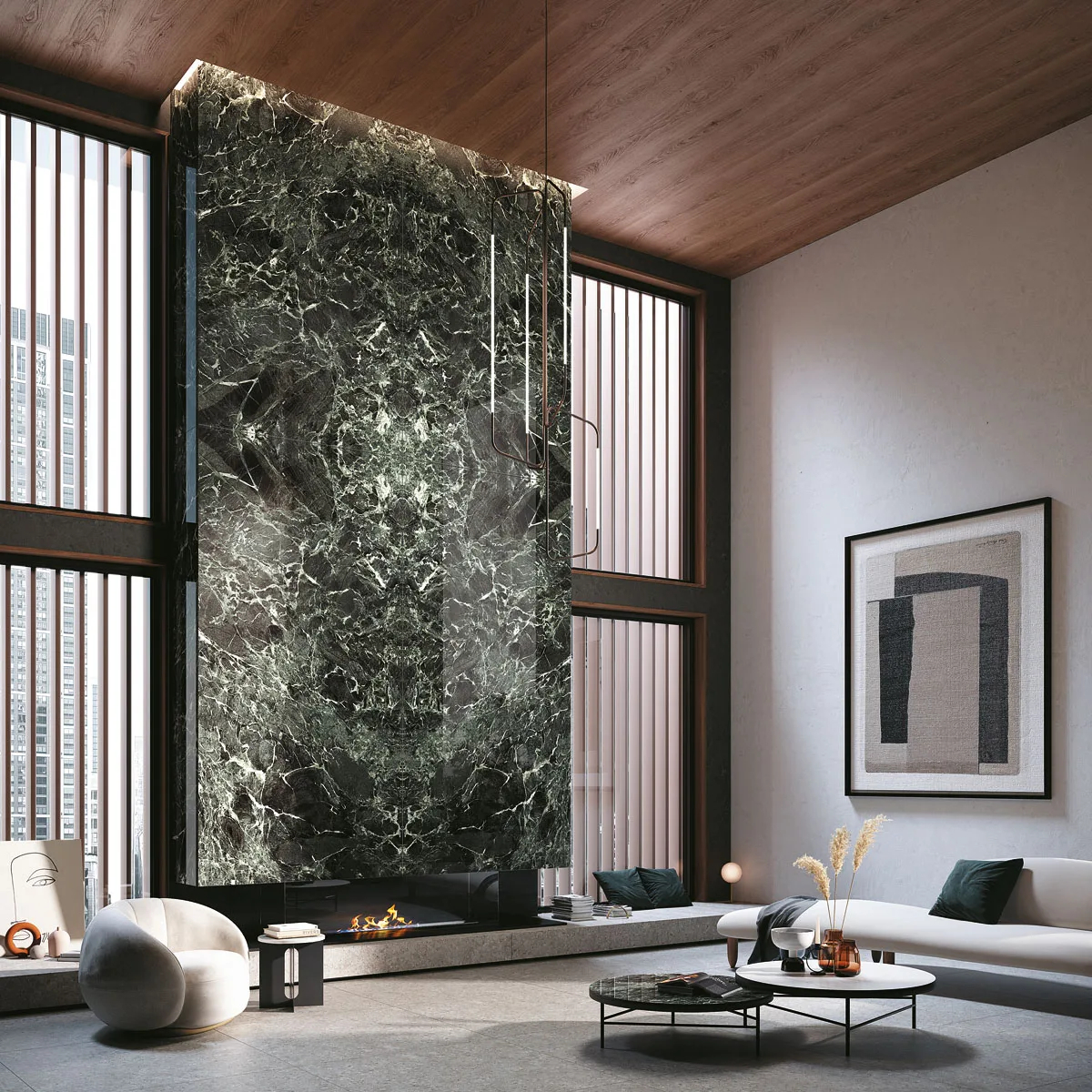 Living room with Verde France Porcelain Slabs accent wall and modern coffee table.