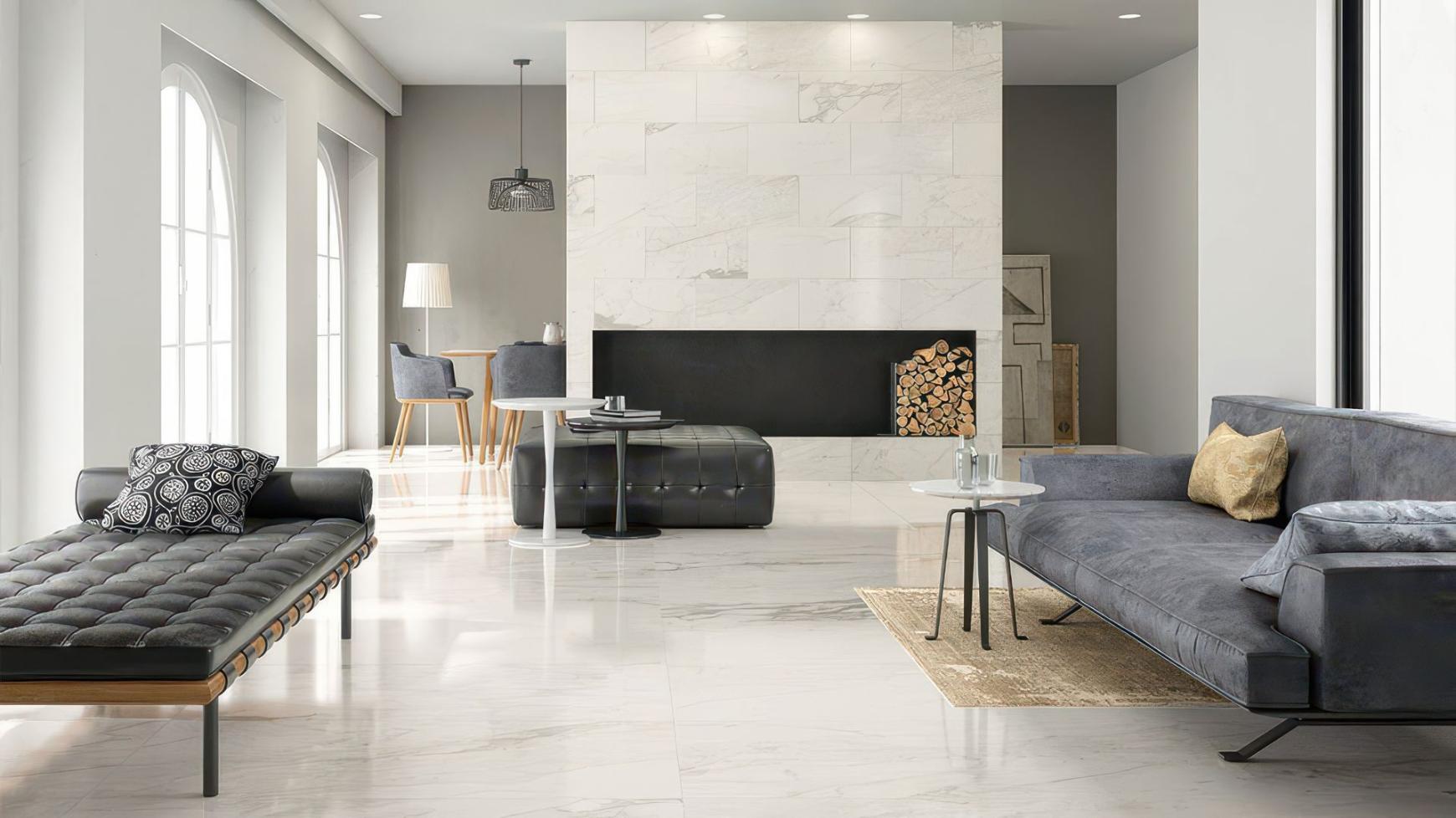 Minimalist living room featuring a fireplace wall and floors made of Luxe Stone Look Porcelain Tile.