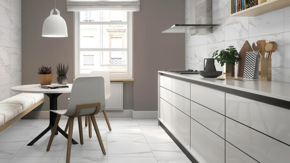 Luxury Calacatta Marble Look Porcelain Tile in a minimalist kitchen design.