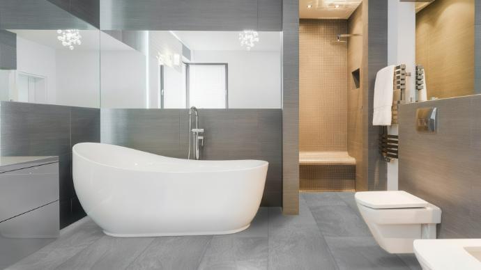 Luxury bathroom with Mountain Slate Look Porcelain Tile in Silver on floors and walls