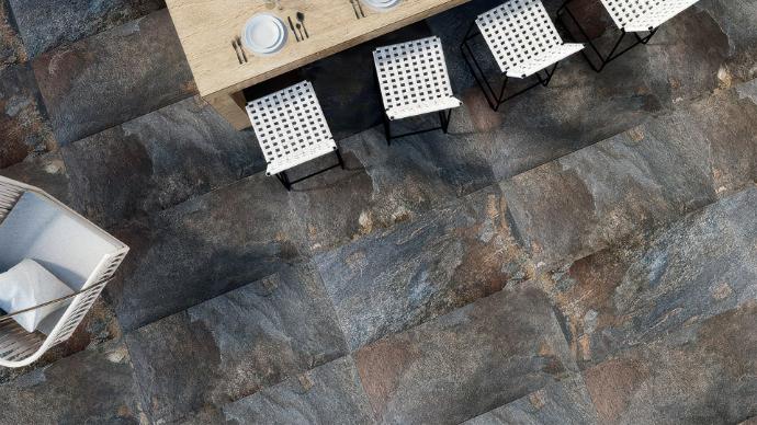 Mountain Slate Look tile on covered patio with dining area