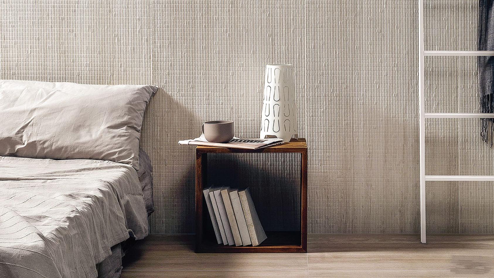 Torrent Travertine Look Porcelain Tile in bianco color in a minimalist bedroom.