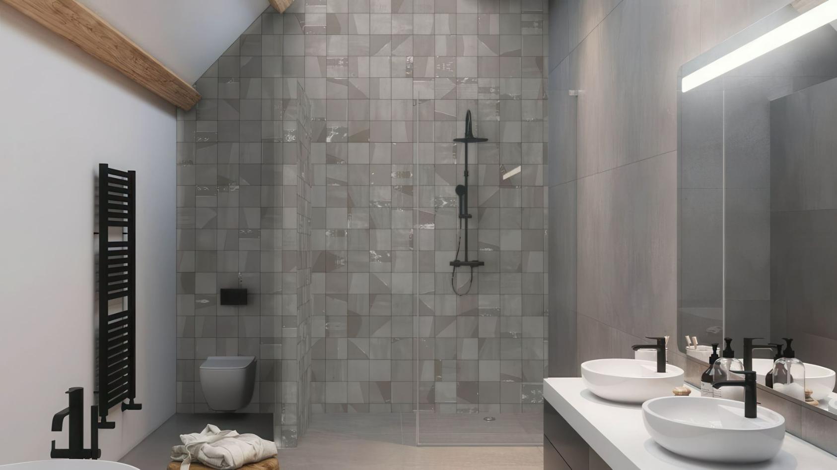 Vigor Porcelain Tile with grigio color in a modern walk-in shower.