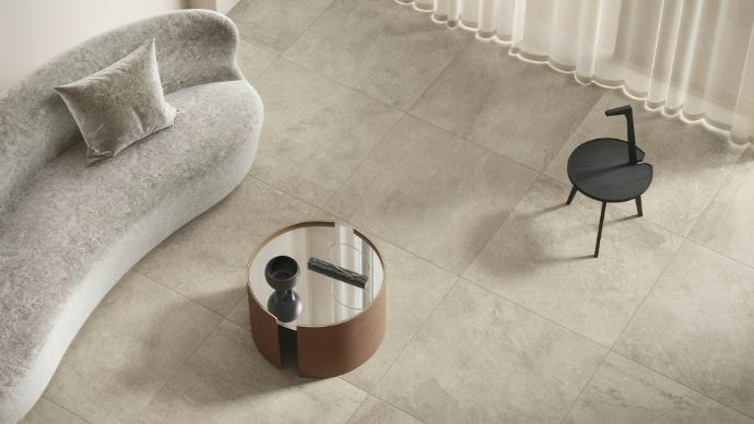 Beige porcelain tile floor in modern living room
