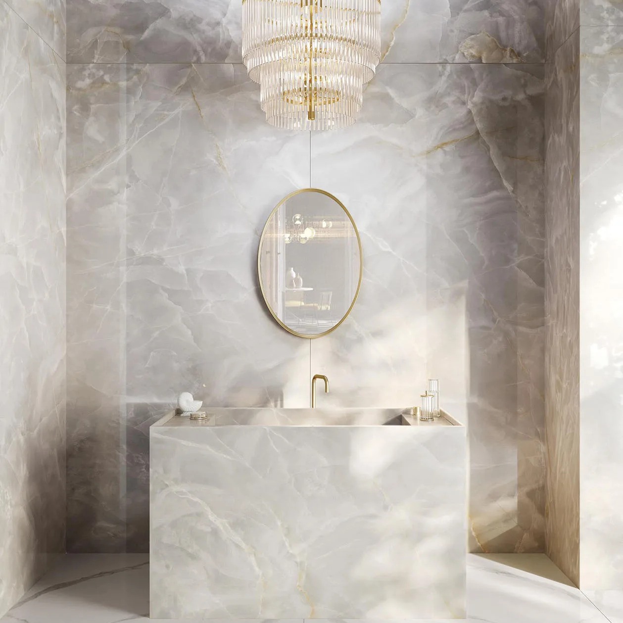 Elegant bathroom design featuring Onyx White porcelain slabs vanity with ornate chandelier above.