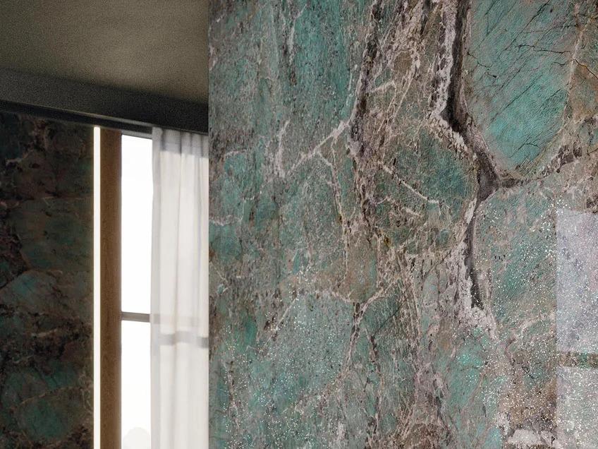 Santos porcelain slabs wall installation displaying authentic onyx effect with natural flowing veins.