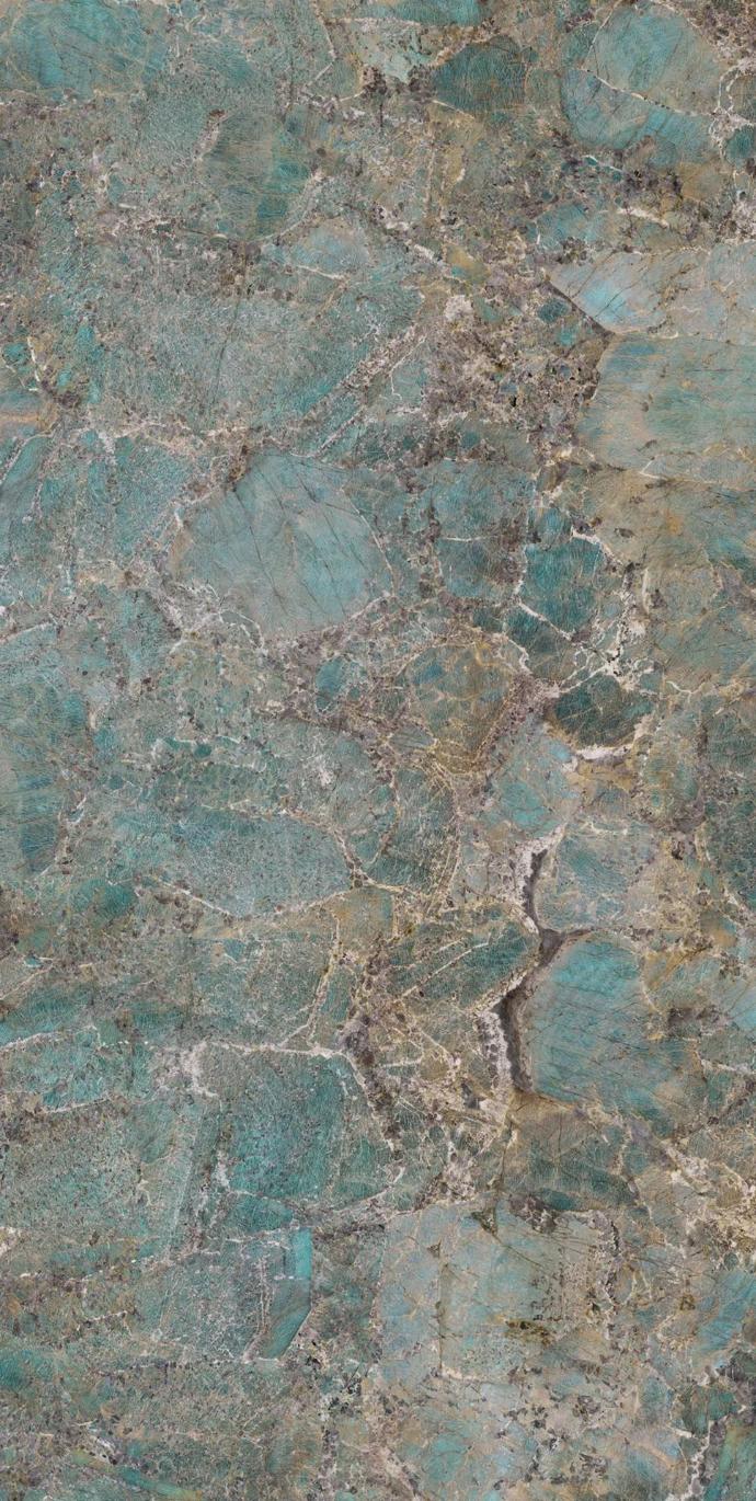 Full slab view of Santos porcelain slabs displaying sophisticated green and gold marble effect.