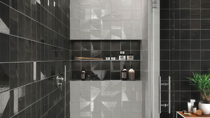Vigor Nero Deco Square Porcelain Tile in a contemporary bathroom shower.