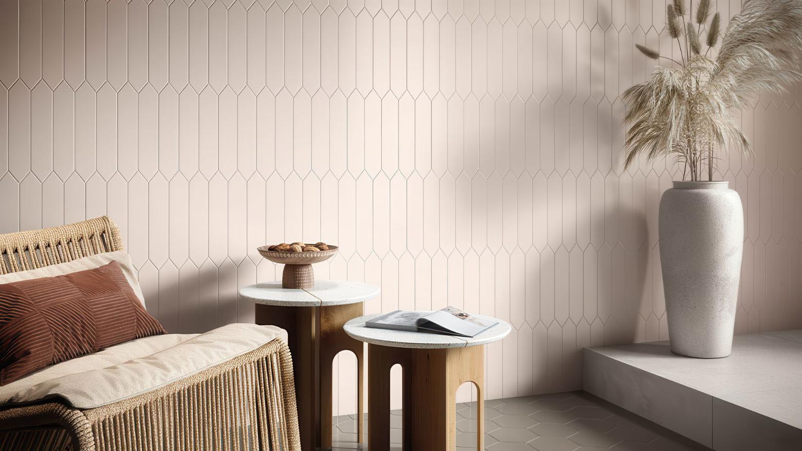 Ivory porcelain tile wall in a modern living room