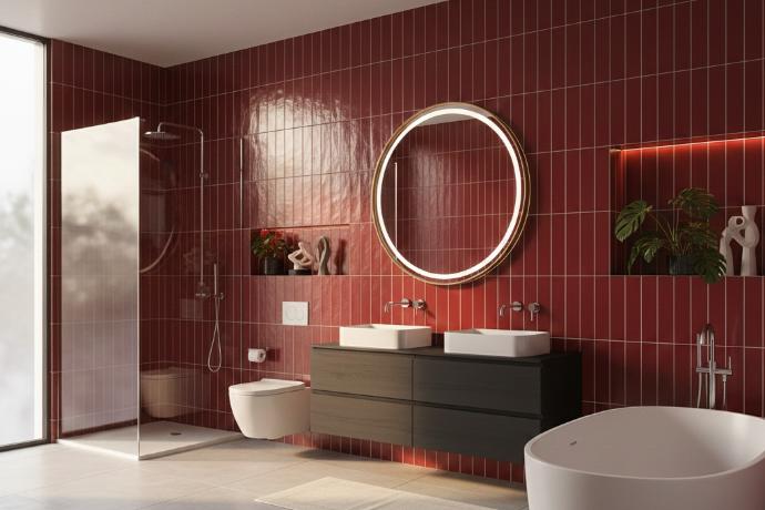 Red porcelain wall tile in vertical stacked layout creating bold accent wall in contemporary living space