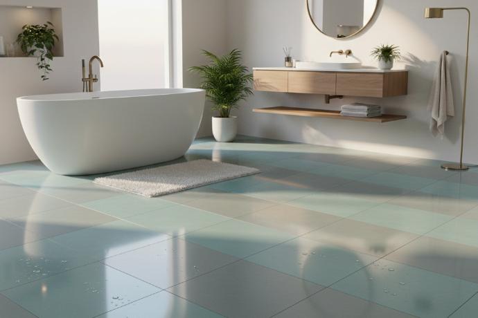 Close-up of aqua porcelain tile surface showing glossy and matte finish options with water-resistant properties