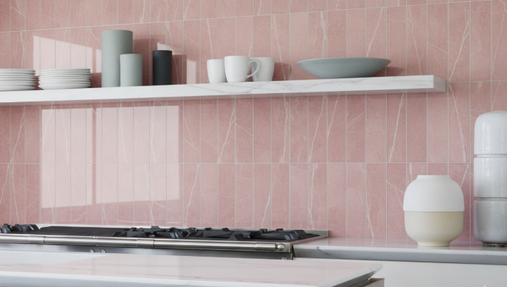Kitchen with pink marble porcelain tile backsplash and open shelving