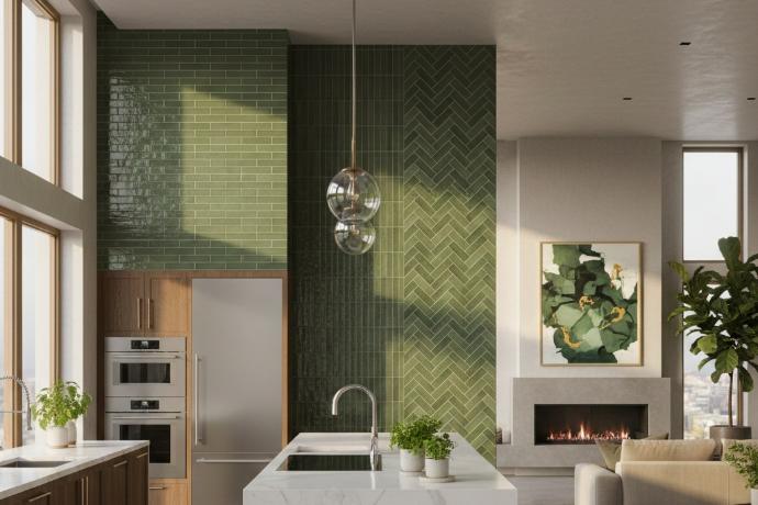Green herringbone porcelain tile feature wall in contemporary kitchen Modern open-plan kitchen with green herringbone porcelain tile accent wall and white waterfall island