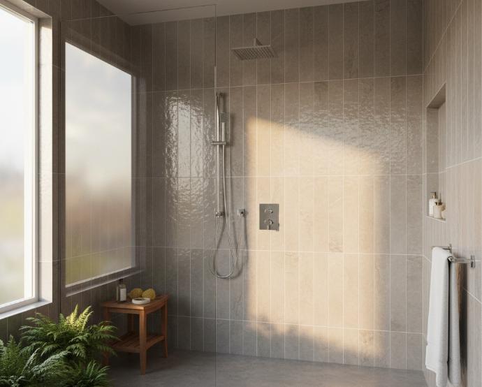 Glossy ash porcelain tile on bathroom shower wall creating spa-like atmosphere with chrome fixtures and natural lighting