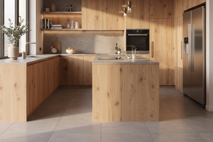 Large-format ash porcelain floor tile in contemporary kitchen with warm gray-brown tones complementing wood cabinetry