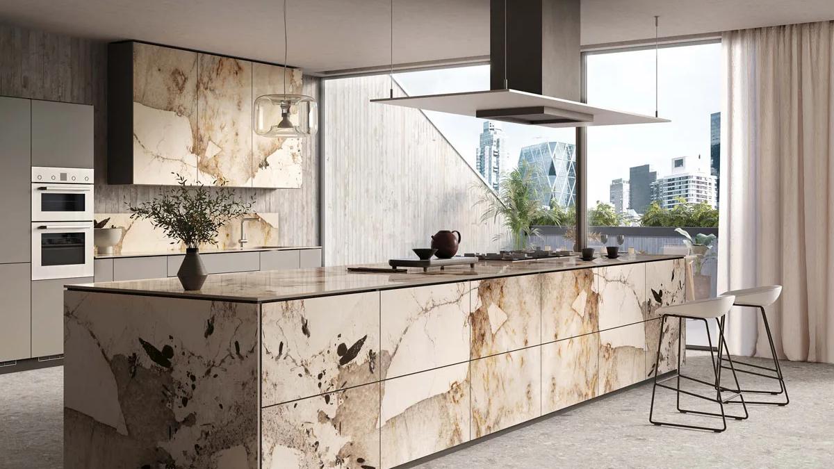 Modern kitchen island with Magellano porcelain slabs and flowing translucent veining.