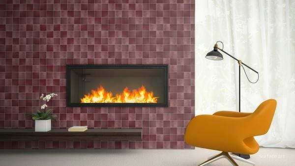Burgundy porcelain tile fireplace feature wall in a contemporary home.