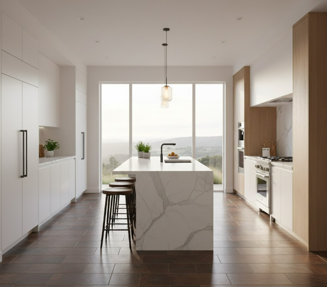 Dark copper porcelain tile floor in a modern open-concept kitchen.