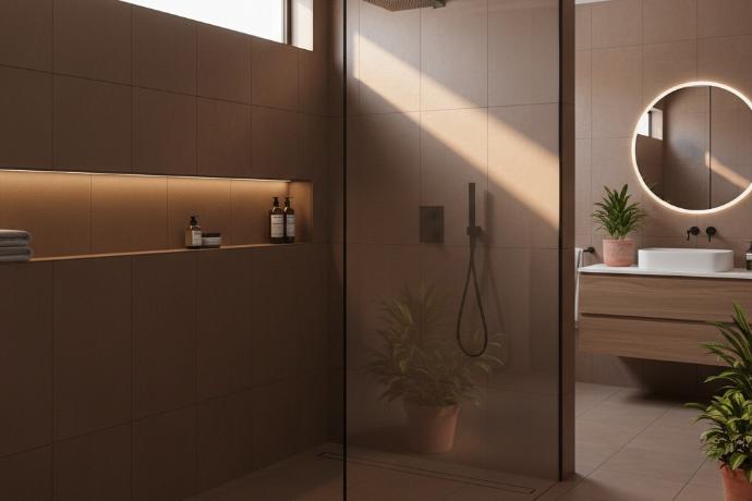 Chestnut porcelain tile planks in a sunlit, modern minimalist bathroom.