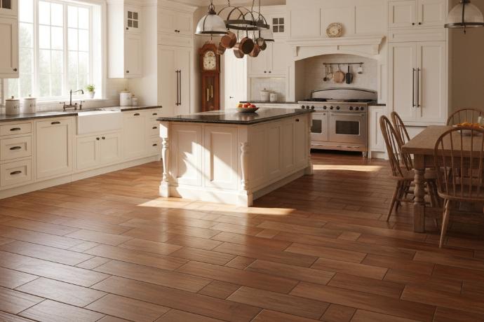 Traditional kitchen with sunlit chestnut porcelain tile flooring.