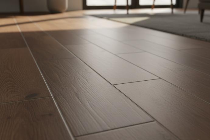 Chestnut porcelain tile planks in a sunlit living room.