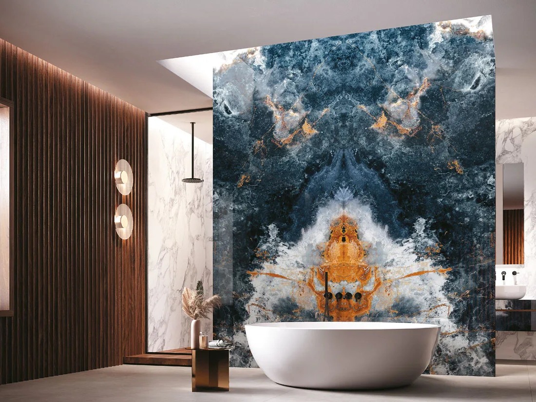 Ocean Blue porcelain slabs creating stunning feature wall in contemporary spa bathroom.