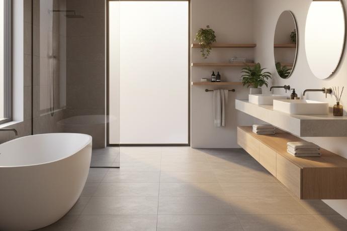 Matte grey porcelain floor tiles in contemporary bathroom.