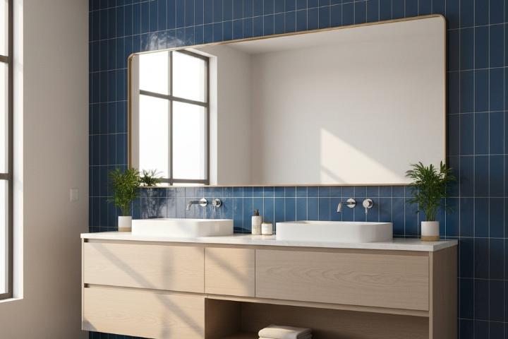 Blue porcelain accent tiles complementing neutral bathroom vanity design