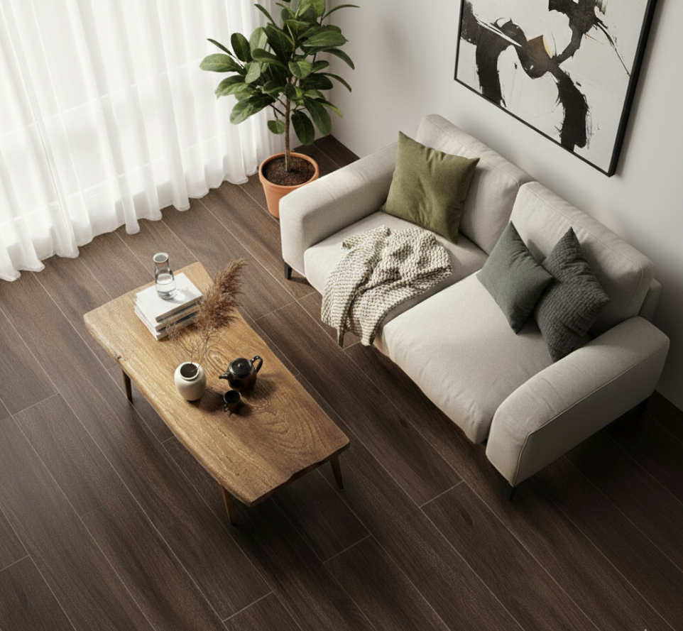 Stylish lounge featuring dark espresso porcelain tile.