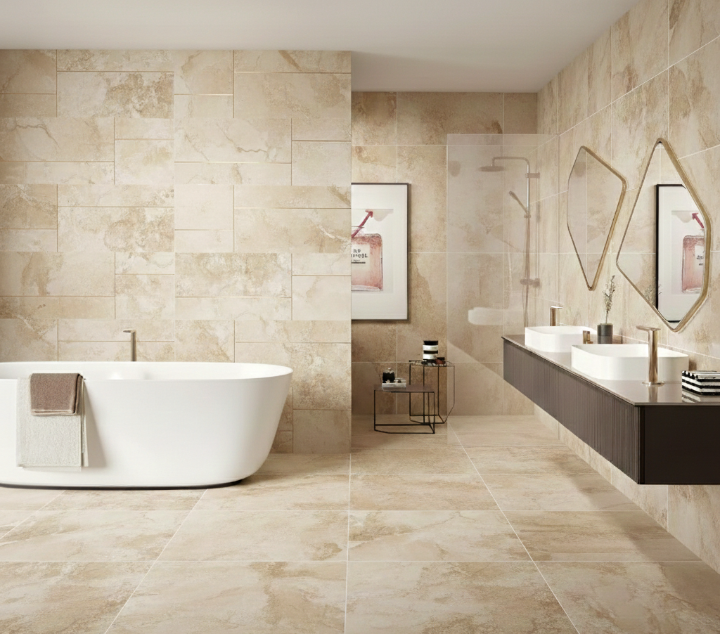 Gold porcelain tile in bathroom floor and wall