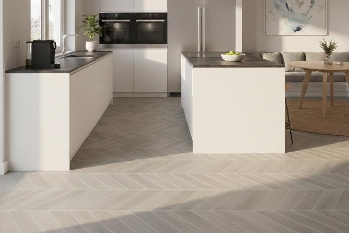 Chevron pattern greige porcelain floor tile modern kitchen.