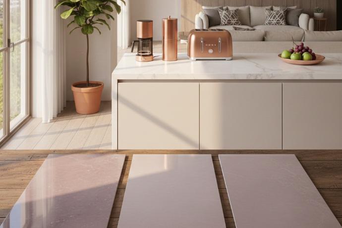 Comparison of glazed, matte, and honed finishes on lilac porcelain tile samples
