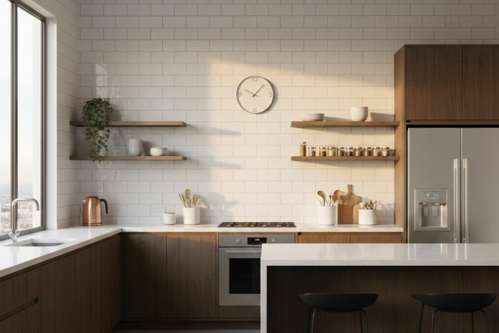 White porcelain subway tiles in modern kitchen backsplash installation
