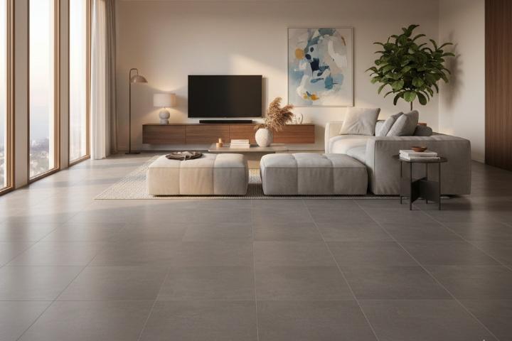 Grey large-format porcelain tiles creating seamless living room flooring
