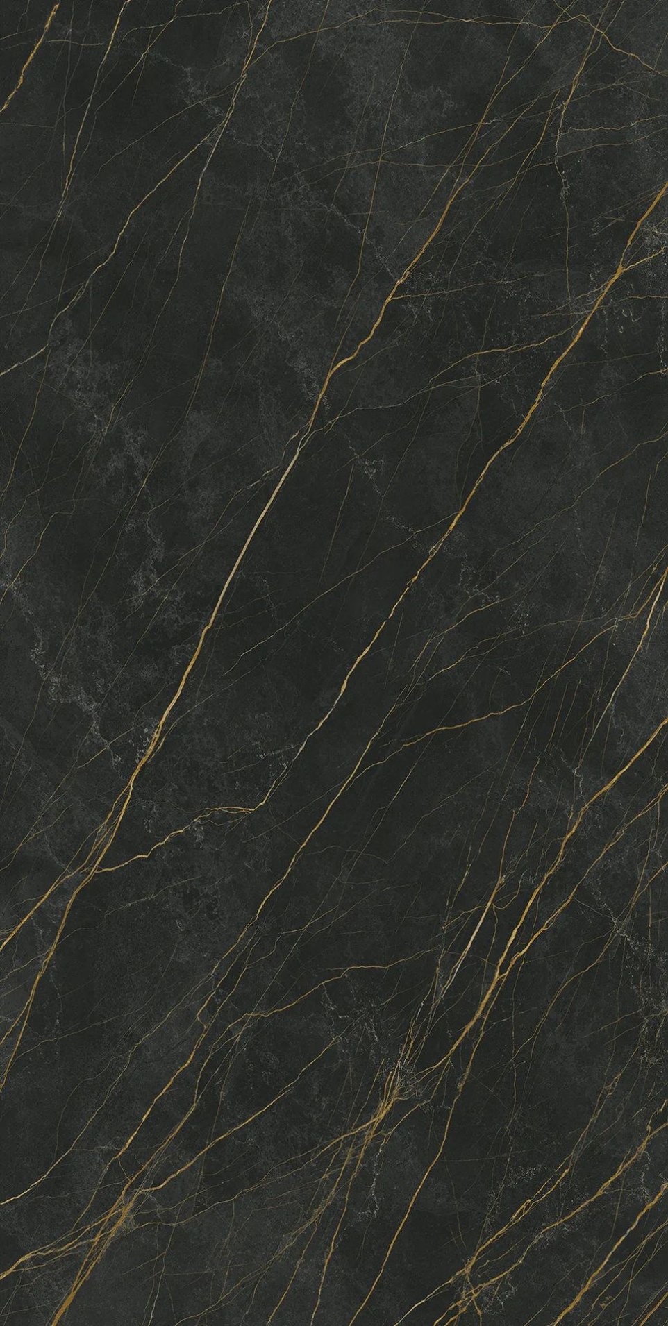 Full slab view of Royal porcelain slabs showing luxurious gold veins on dark base.