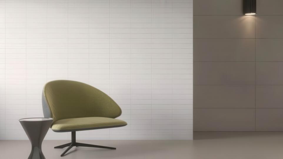 Modern interior featuring neutral porcelain tile wall