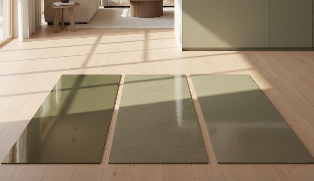 Gloss, matte and satin olive porcelain tile finish options side by side comparison