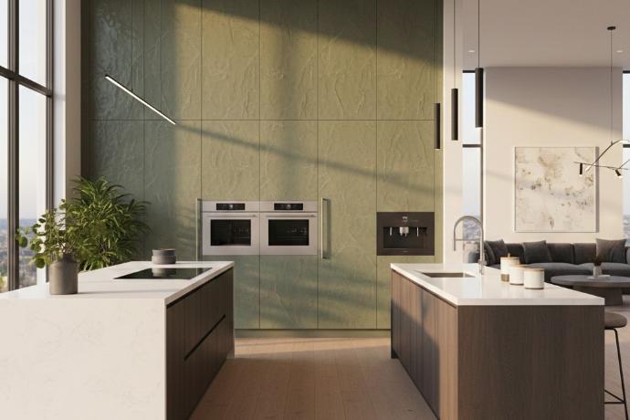 Olive porcelain tile with matte finish installed on modern kitchen backsplash wall