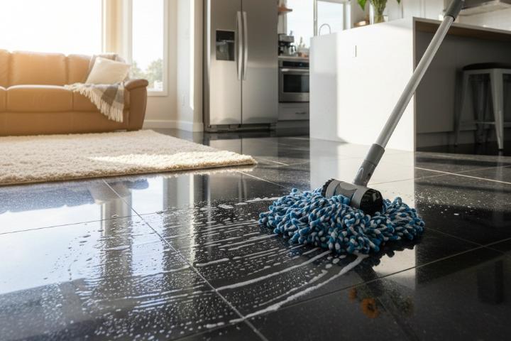 Microfiber mop cleaning glossy black porcelain floor tiles