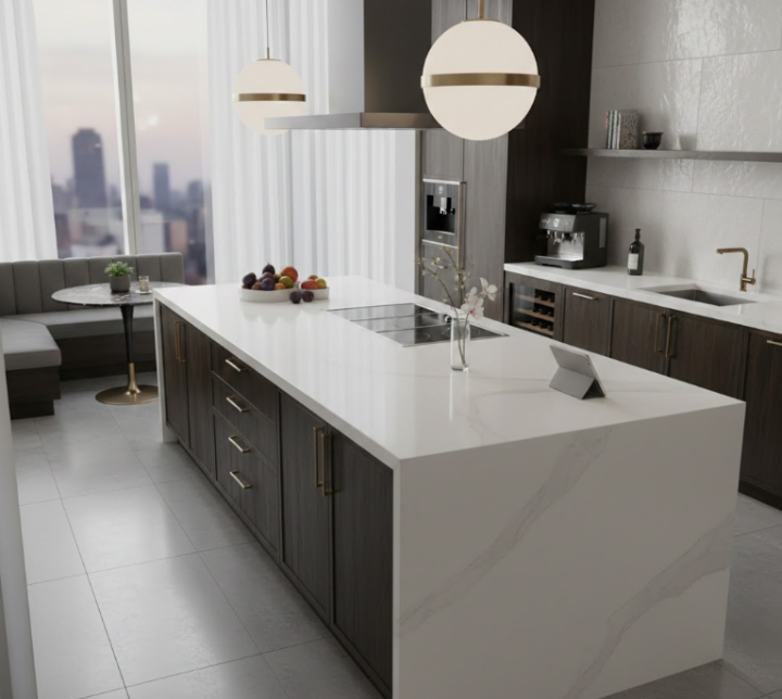 luxurious modern kitchen with white countertop slab