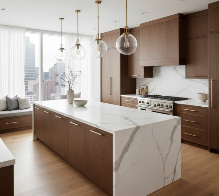 Modern luxury kitchen featuring a natural stone slab countertop