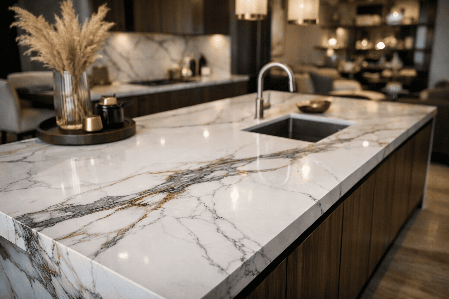 A luxurious kitchen island featuring a white marble countertop with bold grey and gold veining, a stainless steel undermount sink, and a decorative vase of dried pampas grass.